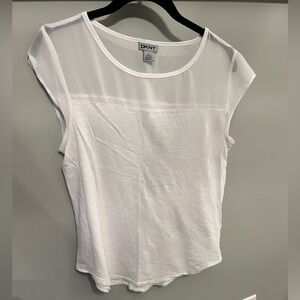 🏷️ DKNY White Women's Cap Sleeve Partial Sheer Top Size Small